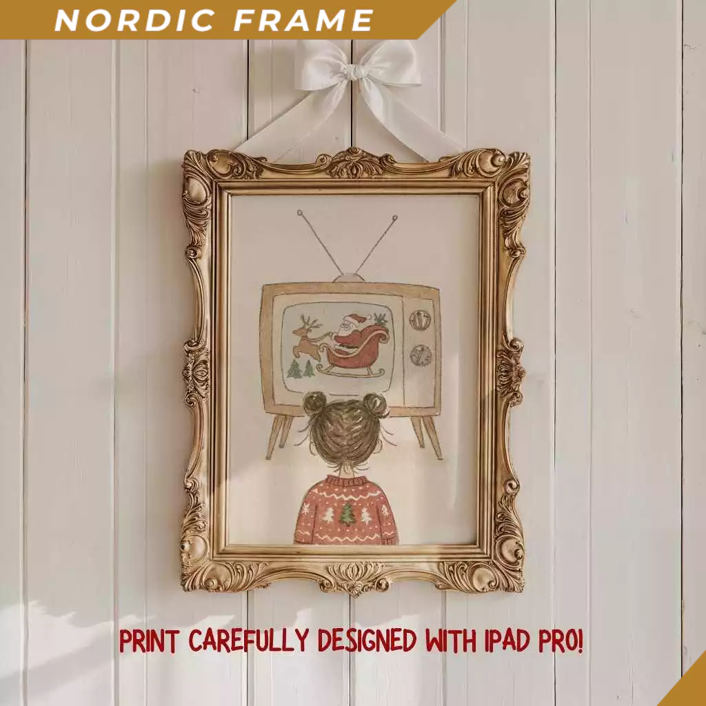 Tranh treo tường, Vintage Christmas TV Wall Art, Girl Watching Santa Printable, Cozy Holiday Scene D