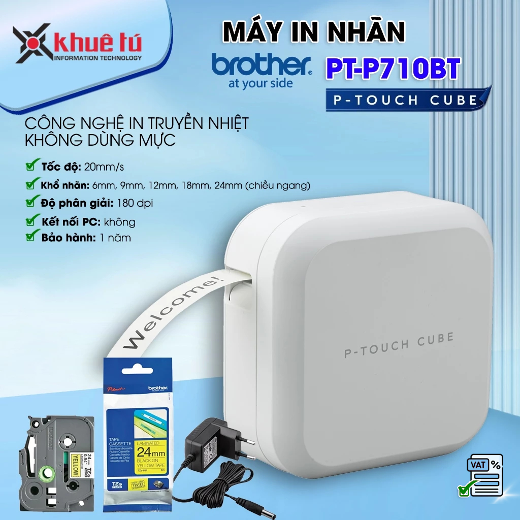 Máy In Nhãn Chính Hãng Brother P-Touch Cube PT-P710BT [tặng kèm 1 hộp nhãn Brother TZe-24mm]