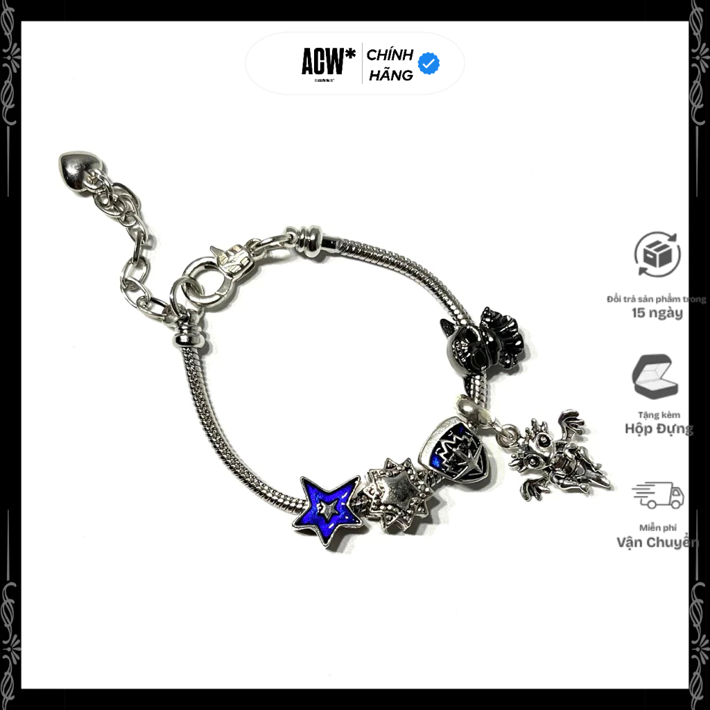 ACCESS WORKSHOP Vòng Tay Thép Không Gỉ Nam Nữ 5 Charm Bạc Xanh Cá Tính Sang Trọng
