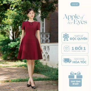  Váy Thiết Kế Nữ YAME Cổ Tròn Viền Đá Phối Nơ Tay Bồng Dáng Xòe Ngắn Viền Ngang Màu Đỏ - Siena YV727 