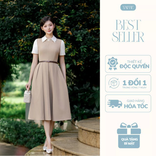 Váy Thiết Kế Nữ YAME Cổ Sơ Mi Đính Đá Dáng Xòe Dài Phối Ly Kèm Dây Đai Màu Nâu & Đen - Vivia YV720