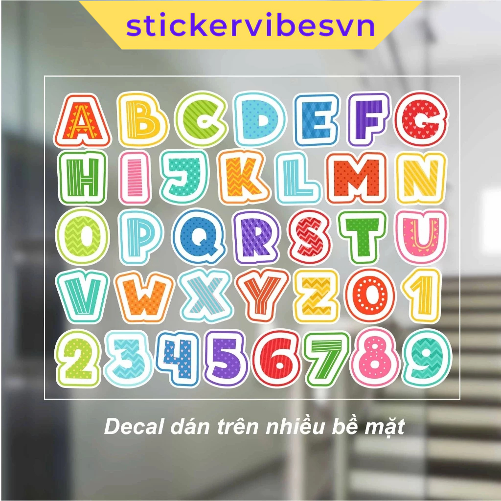 Decal Sticker, ALPHABET & Chữ Cái và Số Đáng Yêu dễ thương, decor kính, phòng cho bé, góc học tập, h