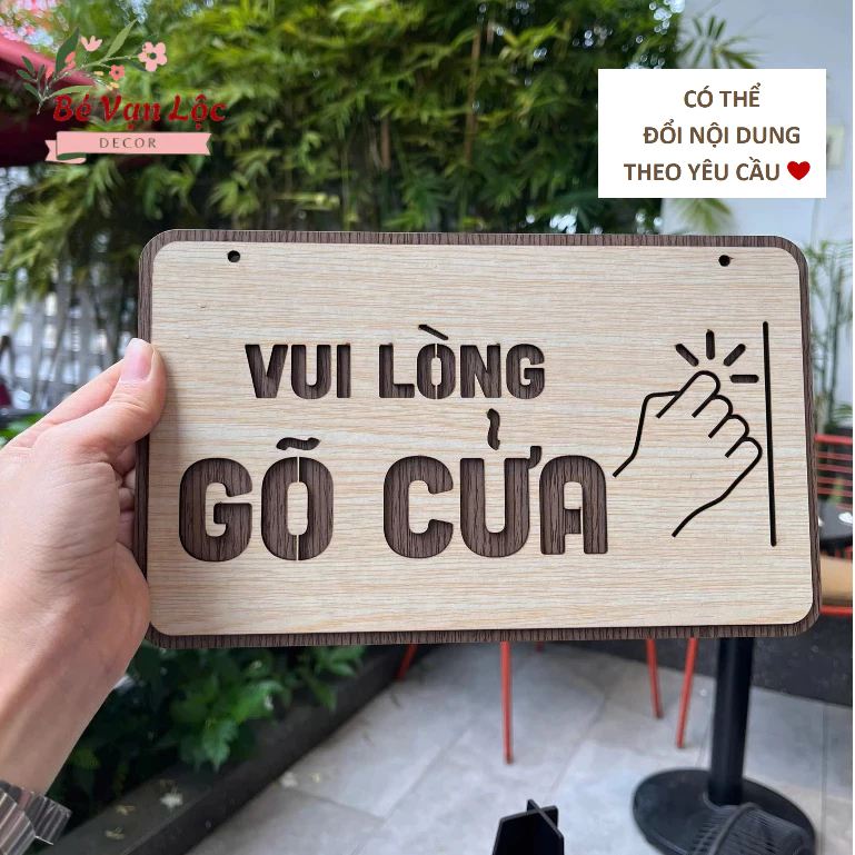Bảng gỗ vui lòng gõ cửa dạng treo hoặc dán decor trang trí văn phòng, nhà cửa