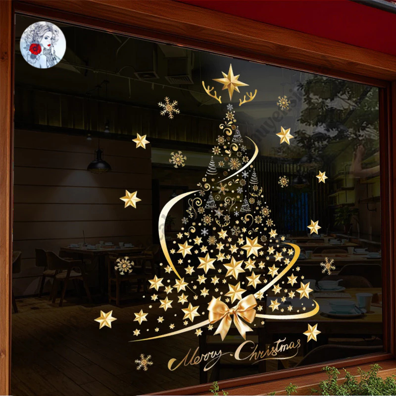 Decal Noel 2026 Hít Tĩnh Điện Cây Thông Vàng Ngôi Sao Trang Trí Kính