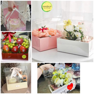 Sỉ 10 hộp giấy meca trong suốt chữ nhật đựng hoa quả, trái cây, bánh hộp mica đế giấy 2 ngăn nhiều màu