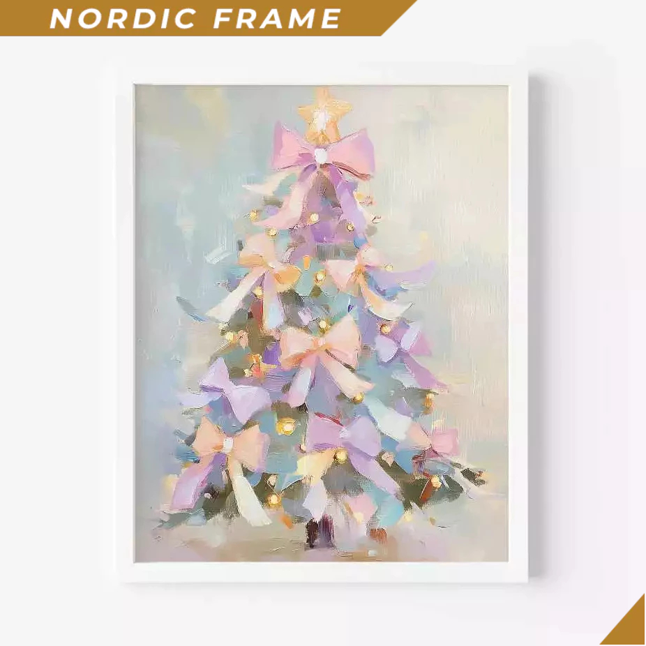 Tranh treo tường, Coquette Christmas Tree art, Bows Winter Painting, Christmas Art Print, Pine Tree 
