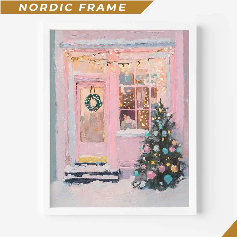 Tranh treo tường, Winter Coffee Shop Poster, Snowy Festive Cafe Art Print, Coffee Lovers Holiday Gif