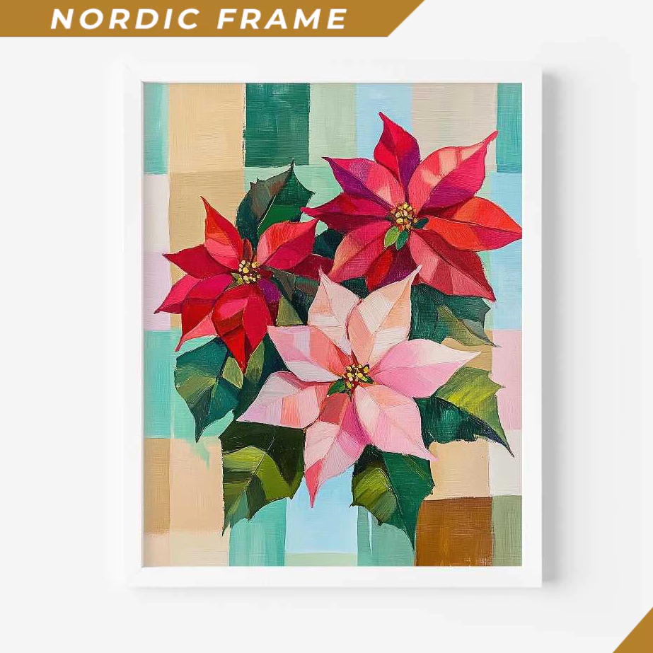 Tranh treo tường, Poinsettia Flowers Painting, Christmas Red Flowers Art, Red & Green Christmas Flow