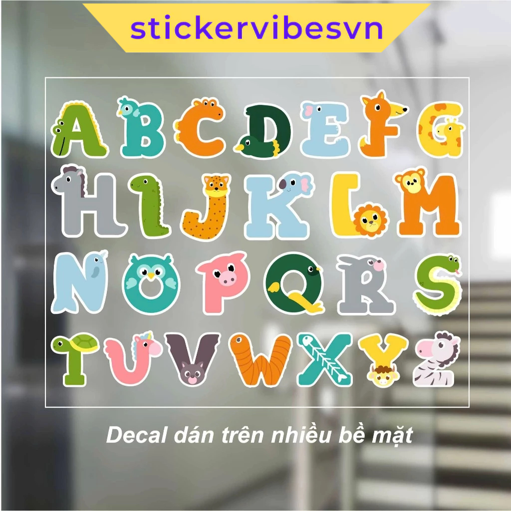 Decal Sticker, ALPHABET & chữ cái động vật dễ thương, decor kính, phòng cho bé, góc học tập, học liệ