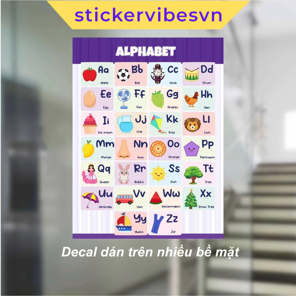 Decal Poster, POSTER ALPHABET & Chữ Cái Sắc Màu dễ thương, decor kính, phòng cho bé, góc học tập, họ