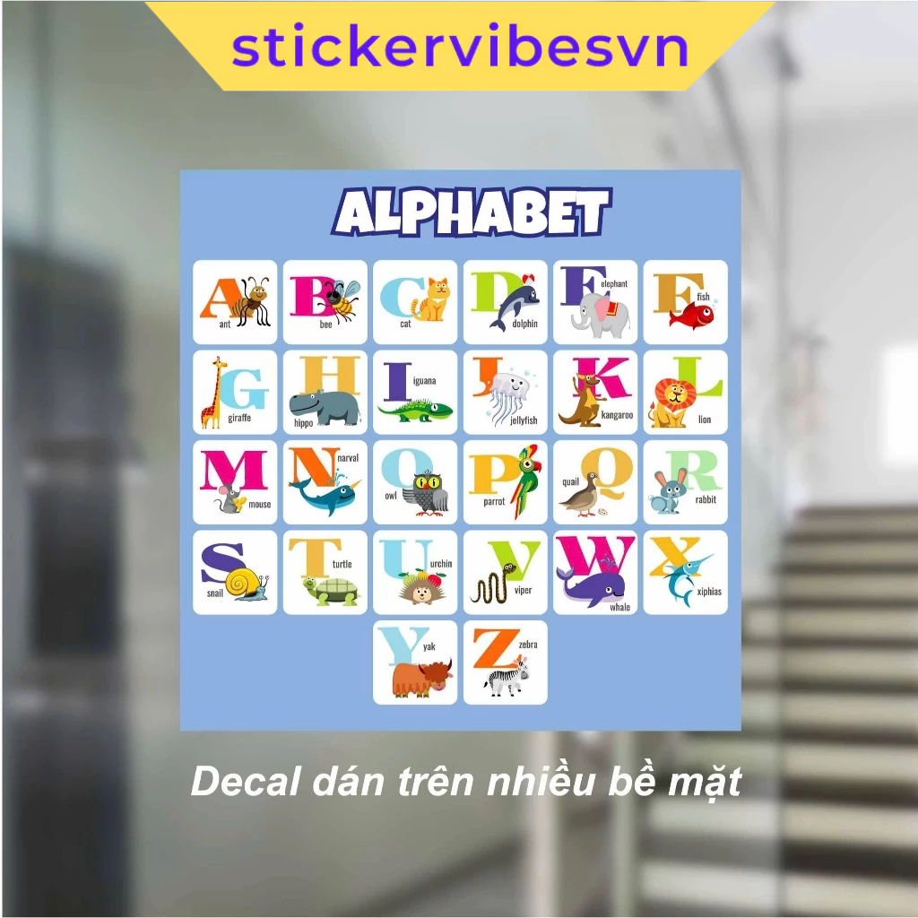 Decal Poster, POSTER ALPHABET& Thế Giới Động Vật dễ thương, decor kính, phòng cho bé, góc học tập, h