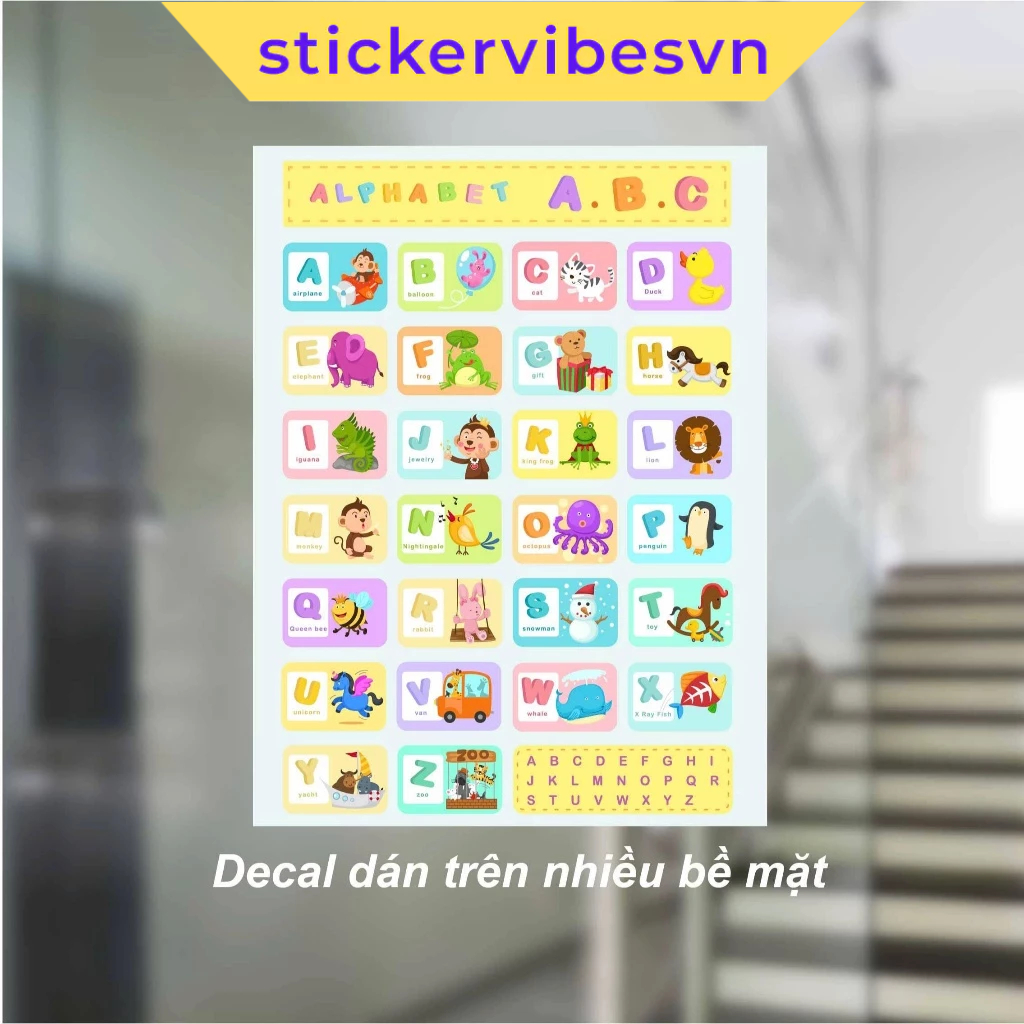 Decal Poster, POSTER ALPHABET & Chữ Cái Vui Nhộn dễ thương, decor kính, phòng cho bé, góc học tập, h