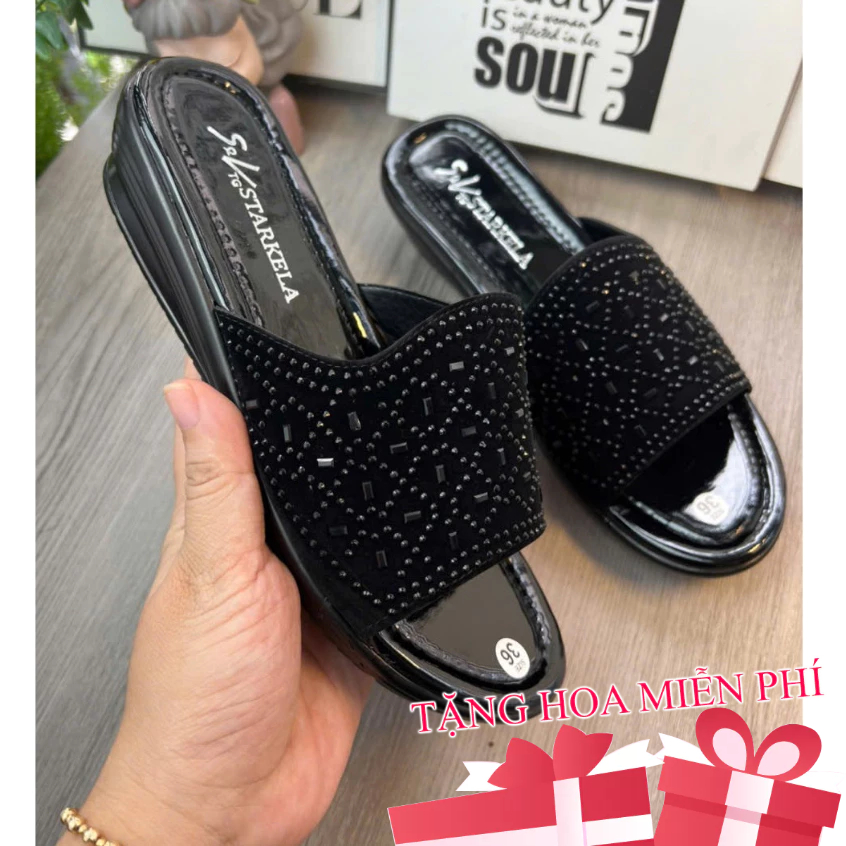 (Size 36-43)Dép cho bà đế xuồng 3cm đá đen siêu bền êm, dép cho mẹ