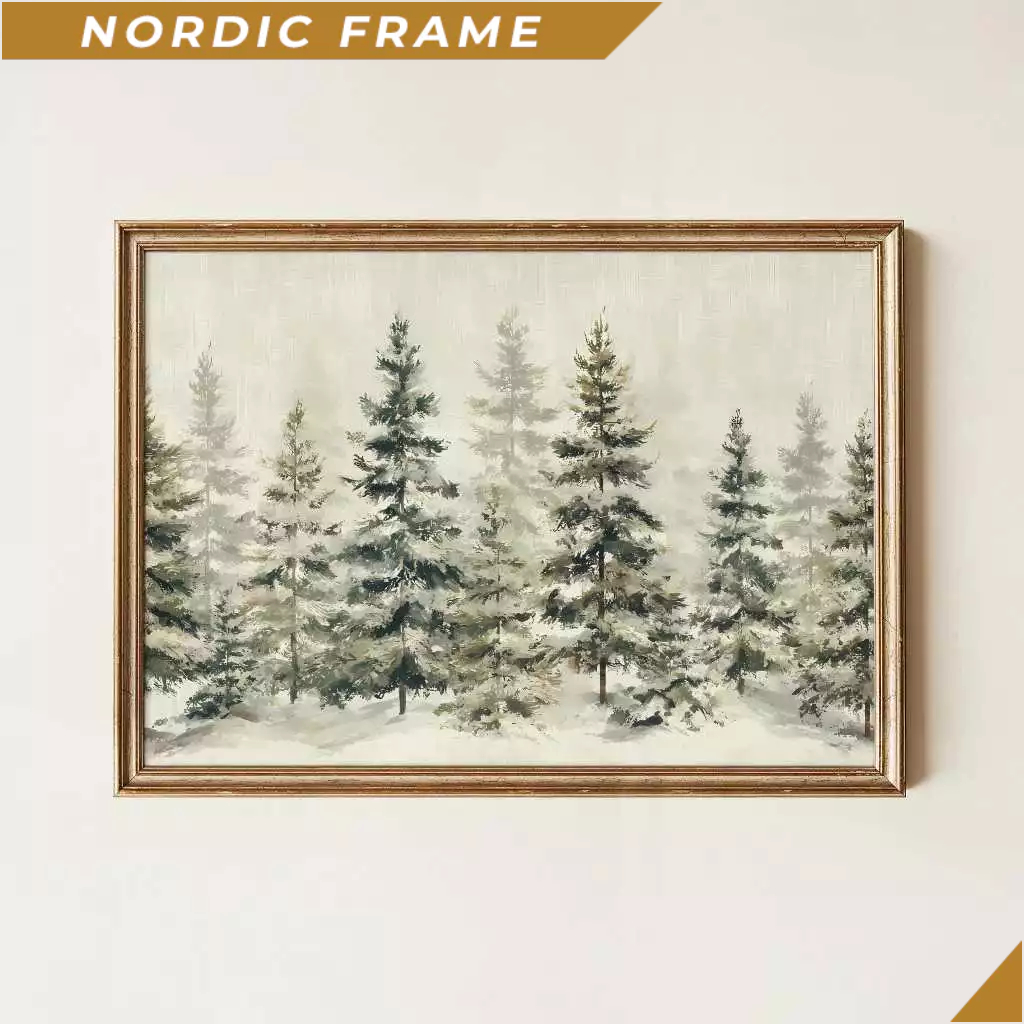 Tranh treo tường, Snowy Forest Wall Art Print Winter Pine Tree Landscape Rustic Woodland Scene Vinta