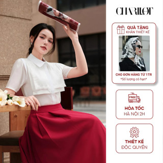 Áo Sơ Mi Nữ Trắng Ngắn Tay Chất Liệu Đũi Tằm Chân Váy Đỏ Tuytsi Hàn Lót Lụa Ít Nhăn Nhàu CHARLLOT