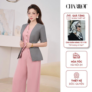 Set Đồ Nữ Áo GILE Quần Suông Hồng Kèm Áo BLAZER Xám Cao Cấp Charllot CL229