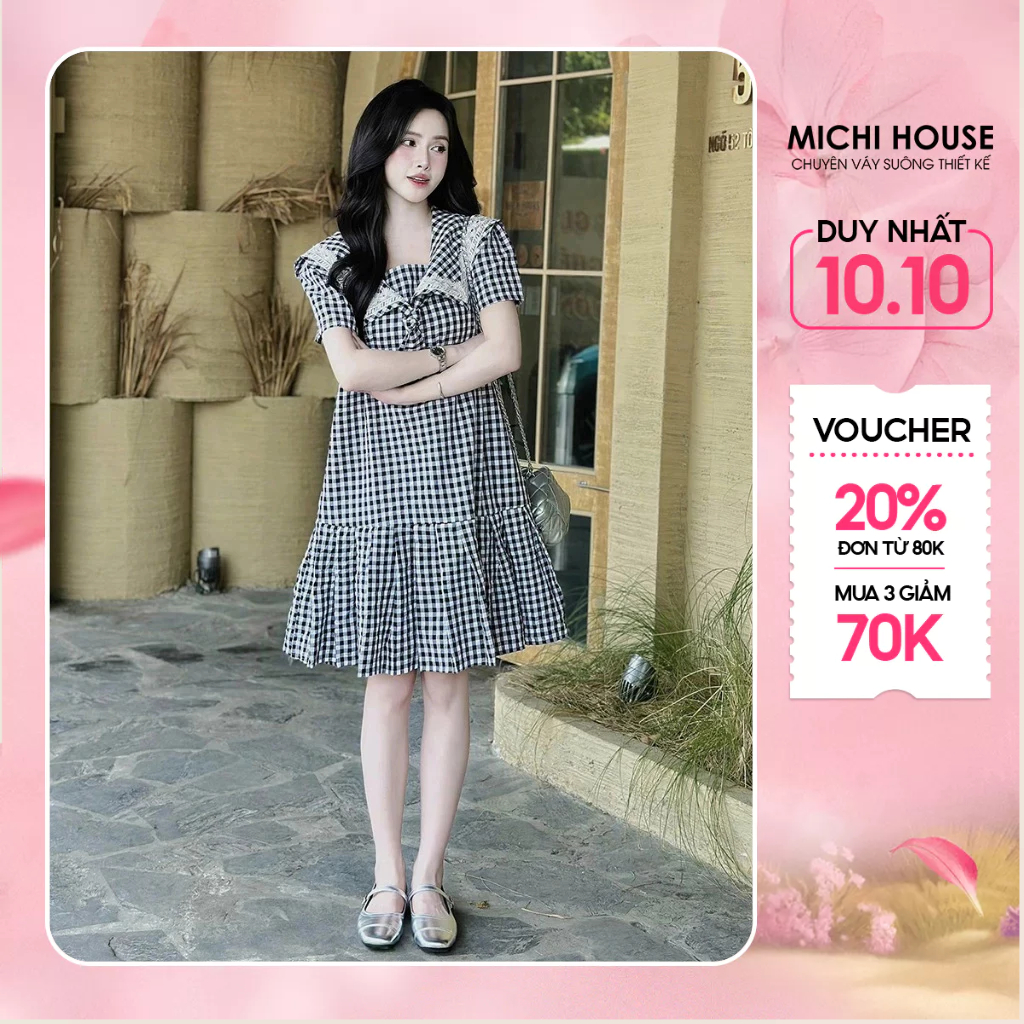 Đầm Suông Đuôi Cá Michi House Váy Xuông Kẻ Caro Cổ Nơ Tay Ngắn Dáng Dài Đến Gối K225