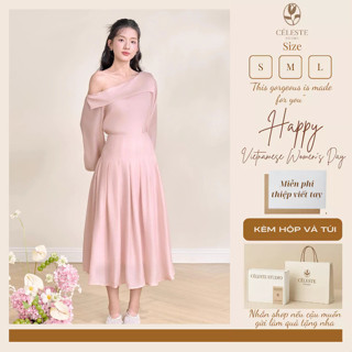 [LIMITED CÉLESTE] Set Áo Trễ Vai Cara Set Tay Dài Và Chân Váy Dài Xếp Ly Chất Liệu Tơ Voan Mềm Mát Phong Cách Tiểu Thư