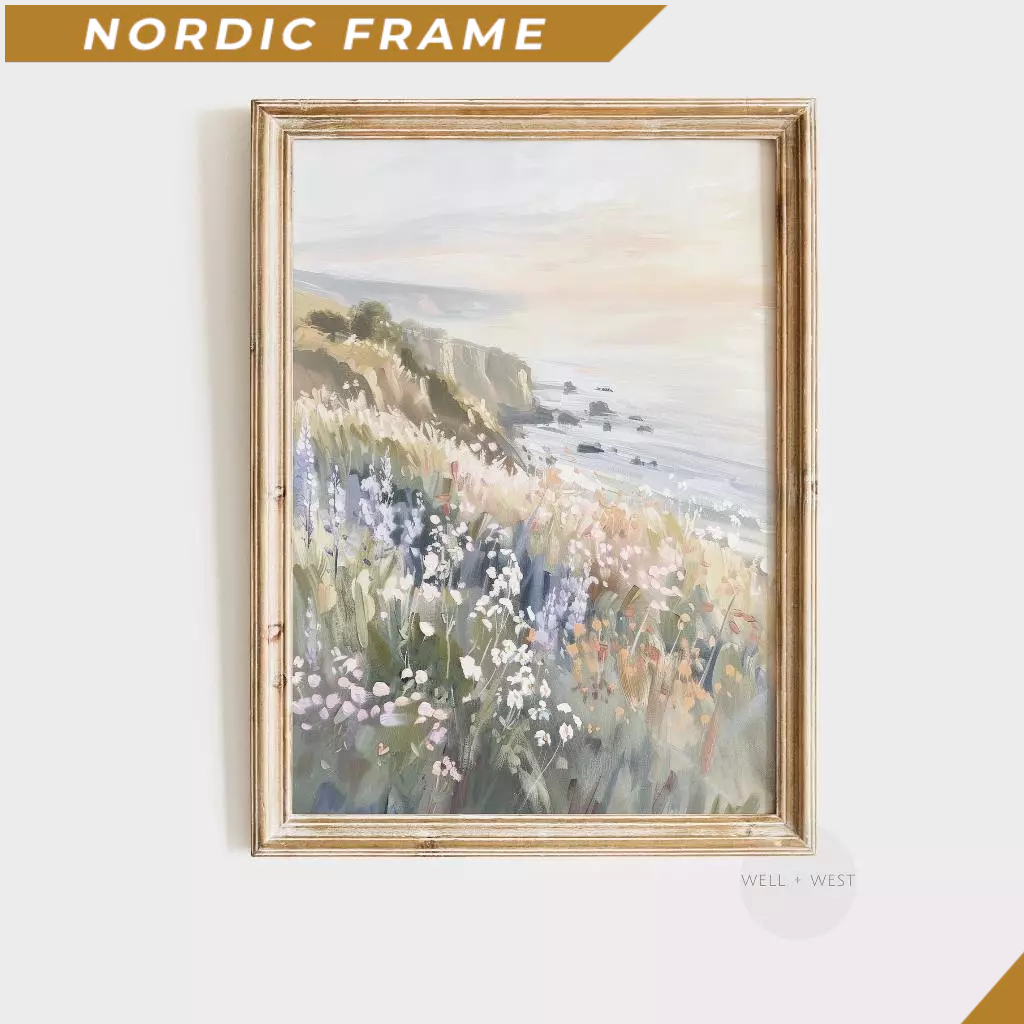 Tranh treo tường, Pastel Wildflower Print  Coastal Ocean Landscape Oil Painting  Vintage Style Beach