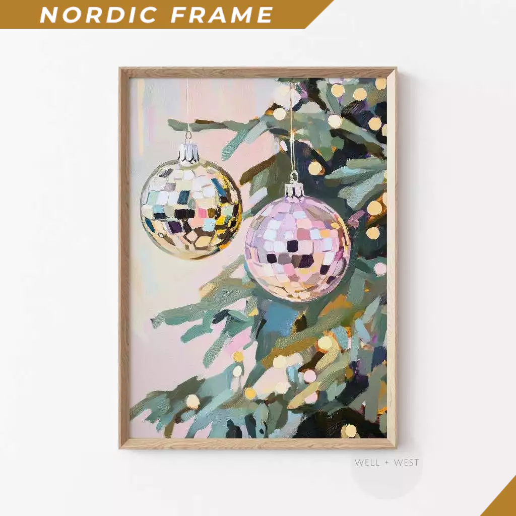Tranh treo tường, Pink Disco Ball Ornament Print  Vintage Style Pastel Mirror Ball  Printable Christ