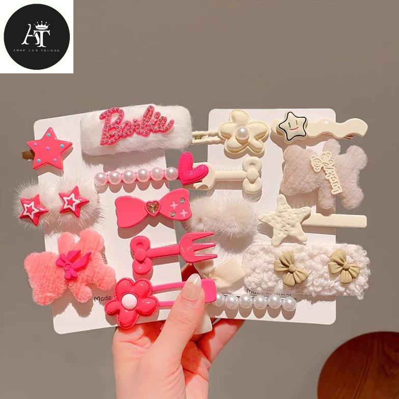 Sét 8 Kẹp Tóc Hình Thú Nhồi Bông - 8 Kẹp Tóc Hình Trái Tim Bằng Lông Nhung dopamine