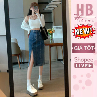 Chân váy jean dài xẻ tà váy midi vải bò cho nữ cạp cao dáng chữ A tôn vòng ba V01