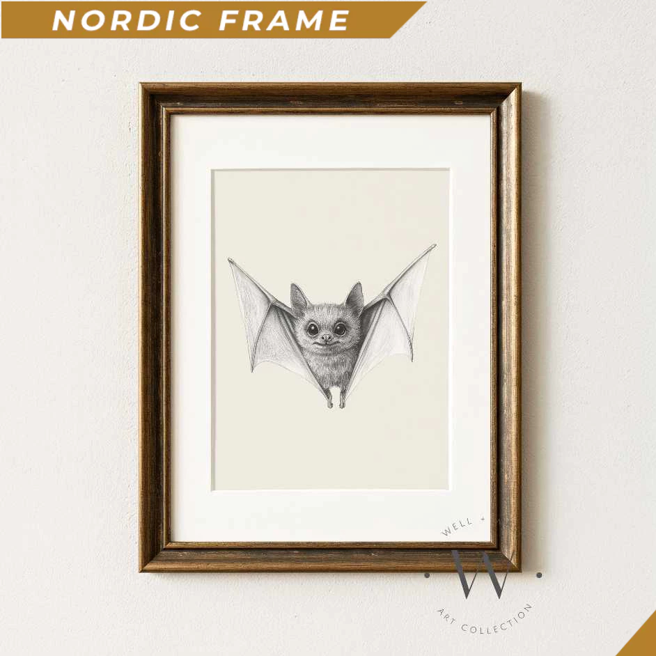 Tranh treo tường, Bat Sketch Print  Vintage Style Cute Bat Drawing  Minimalist Neutral Halloween Dec