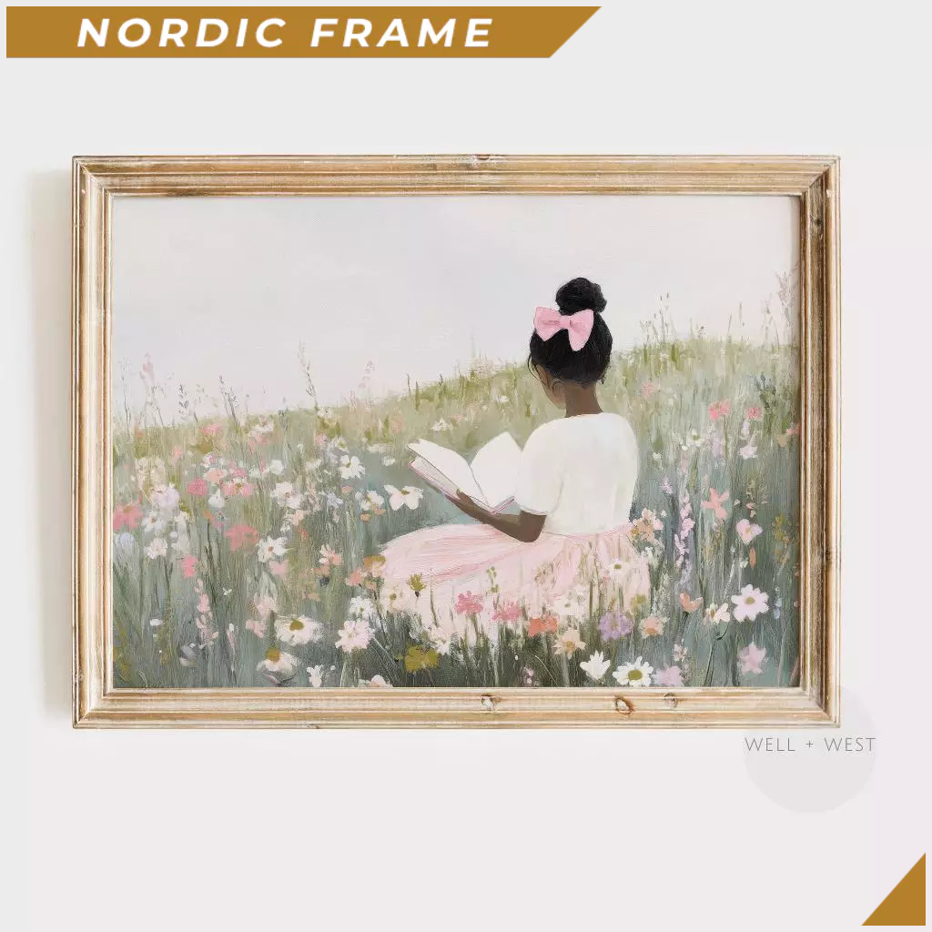 Tranh treo tường, Little Black Girl Reading Print  Vintage Style Wildflower Field Painting  Playroom