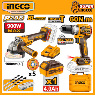 Bộ combo Máy khoan đục bê tông CRHLI20228 , Máy mài góc CAGLI201008, Máy siết vít CIRLI2017 Brushless dùng pin Ingco 20V