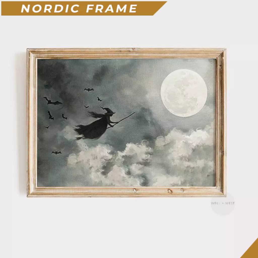 Tranh treo tường, Witch On Broomstick Print  Halloween Full Moon Painting  Antique Witchy Decor  Vin