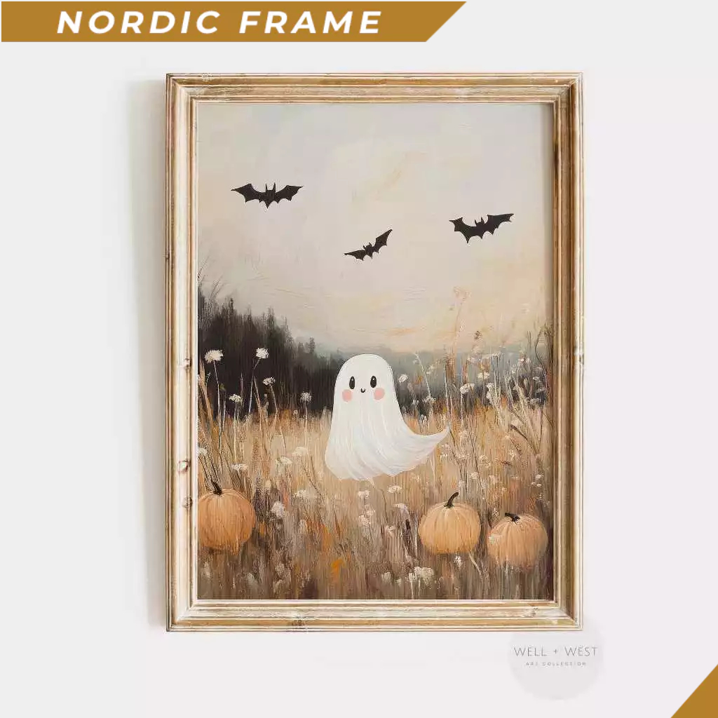Tranh treo tường, Halloween Ghost Print  Vintage Style Ghost in Field Painting  Halloween Bats Print