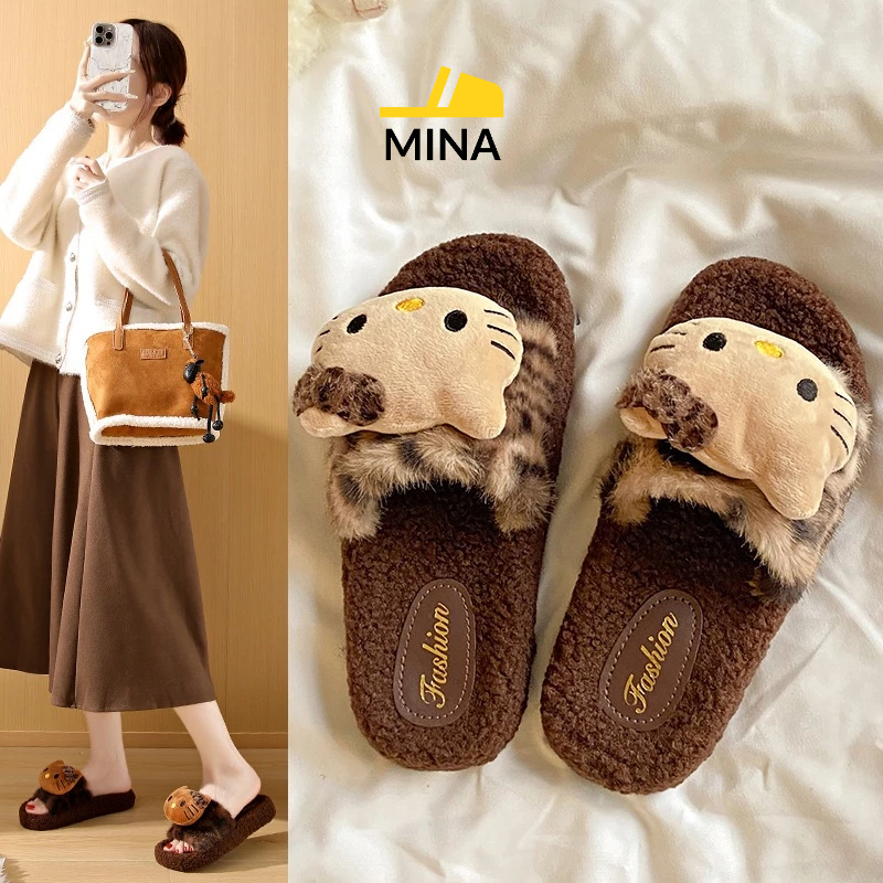 Dép Lót Lông Báo Hoạt Hình Dễ Thương, Cao Gót chống trơn trượt, chất cotton ấm áp không hôi chân_MINA