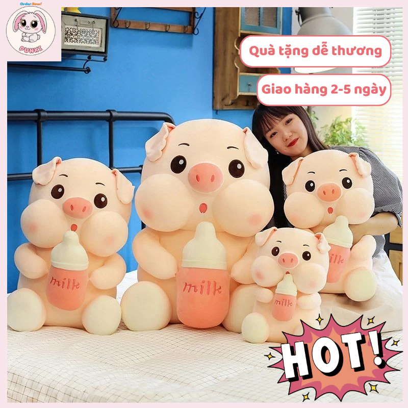 Gấu Bông Heo Ôm Bình Sữa, Heo Sữa, Thú Bông Heo Dễ Thương Chiều Cao 30cm ❤️Xưởng Gấu Hoa Bình❤️Gấu Bông Punki