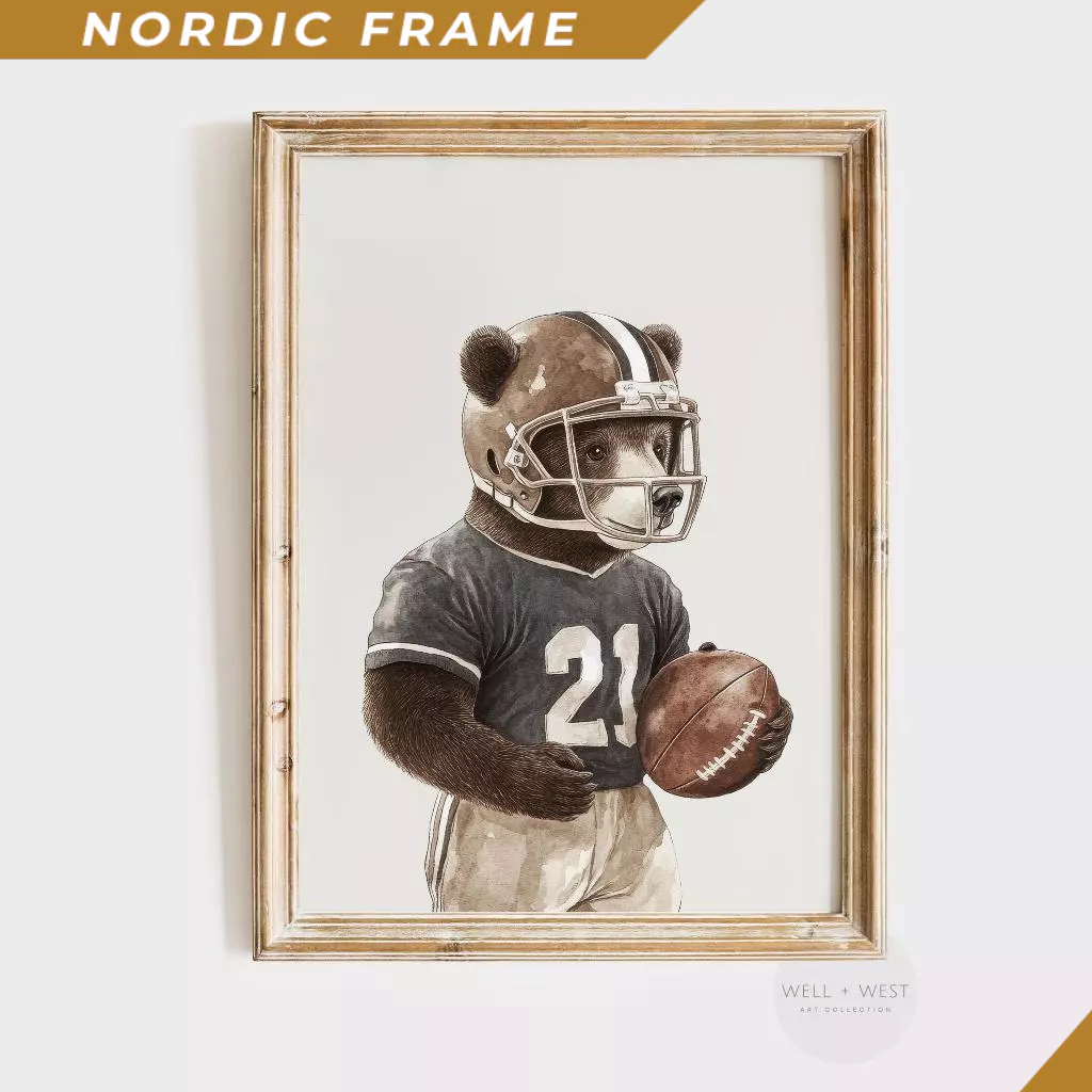 Tranh treo tường, Football Bear Print  Vintage Style Brown Bear Watercolor  Boys Room Nursery Art  N