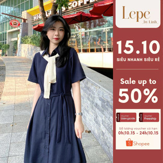 Váy sơ mi dáng dài đầm nữ thiết kế thắt eo đi chơi đi làm vải đũi xước nhật LABEL DRESS -LEPE
