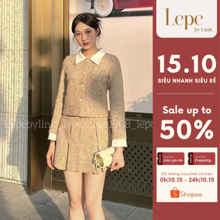 CHERRY SET - Set váy dạ áo khoác tweed phối cổ trắng kèm chân váy ngắn xòe xếp ly thiết kế lepebylinh