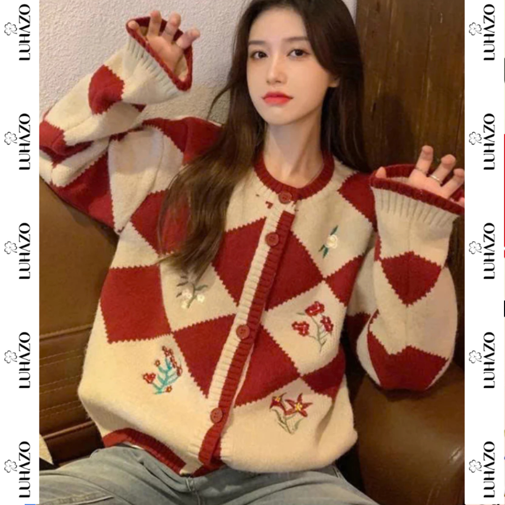 Áo cardigan LUHAZO caro dệt kim họa tiết thêu vintage nữ tính phong cách Hàn Quốc G-12