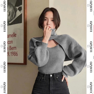  Set áo len tăm tay dài croptop LUHAZO cổ lọ khoét ngực kèm áo kiểu tay bồng kèm ba lỗ phong cách bánh bèo tiểu thư H-3 