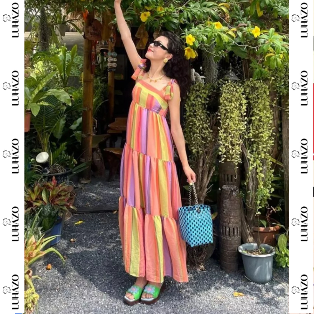 Đầm maxi dáng dài LUHAZO, váy 2 dây đi biển phối họa tiết lạ mắt nhiều màu sắc 9730