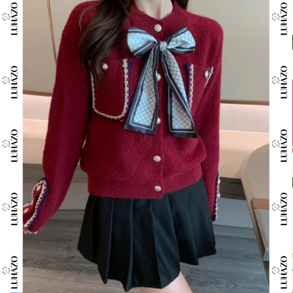 Áo Khoác Len LUHAZO Màu Đỏ Giáng Sinh Noen noel Tết Cardigan Nữ kiểu QC Form Dáng Rộng LC