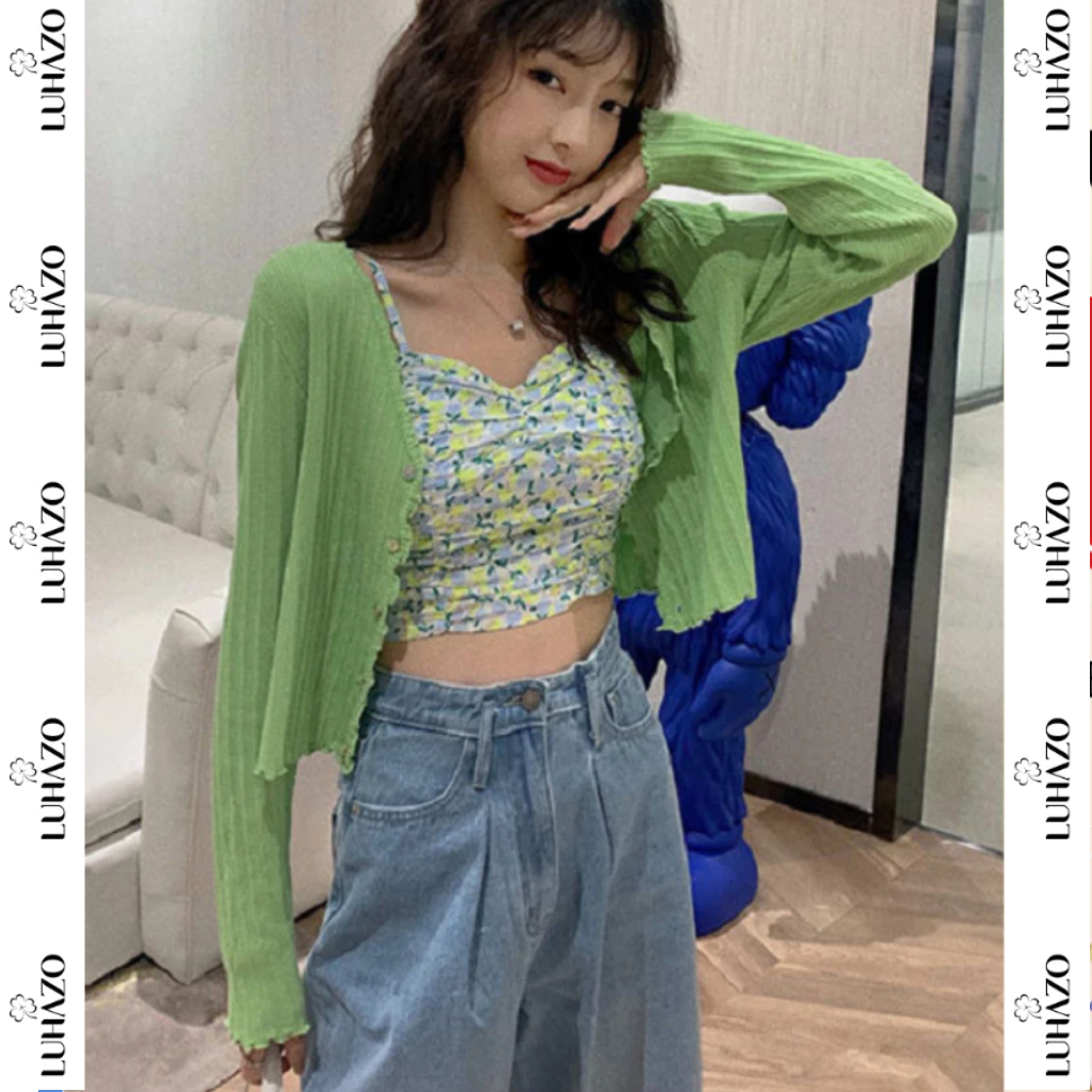 Áo khoác len nữ LUHAZO cardigan dệt kim mỏng ôm dáng croptop bèo thời trang phong cách H-25