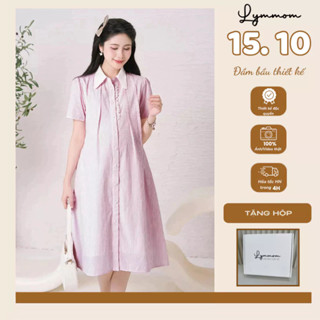 LYMMOM Đầm Váy bầu THIẾT KẾ màu hồng, cổ áo sơ mi dáng suông cúc cài dài qua đầu gối VB173