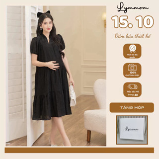 Váy đầm bầu chất liệu tơ Hàn (2 màu) thoáng mát dáng xòe cổ V thanh lịch thiết kế LYMMOM VB050