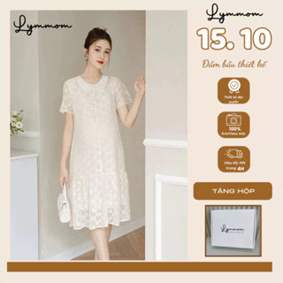 Váy đầm bầu tay ngắn chất liệu ren tơ thêu thoáng mát thiết kế chân cá cổ sen LYMMOM  VB078