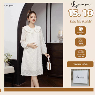 LYMMOM - Váy Đầm Bầu Thu Đông Đi Tiệc Chất Liệu Ren Tơ Hàn Thoáng Mát Thiết Kế Dáng Suông Cổ Nơ Ngọc VB085