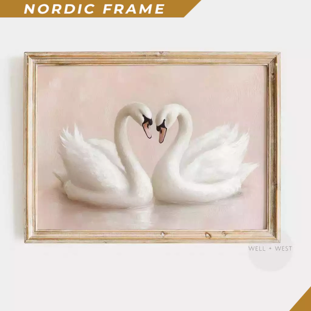 Tranh treo tường, Two Swans Print  Soft White Swan Painting  Light Pastel Pink Art  Vintage Style Pr