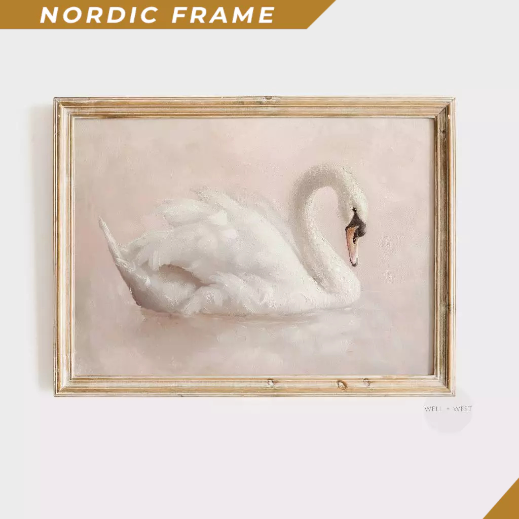 Tranh treo tường, Swan Art Print  Soft White Swan Painting  Light Pastel Pink Art  Vintage Style Pri
