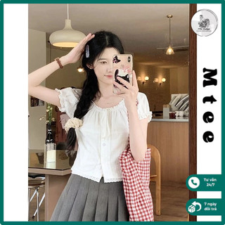  Áo sơ mi cách điệu tay phồng Mtee  phối viền ren Áo sơ mi ngắn tay trắng viền ren ngọt ngào S08 