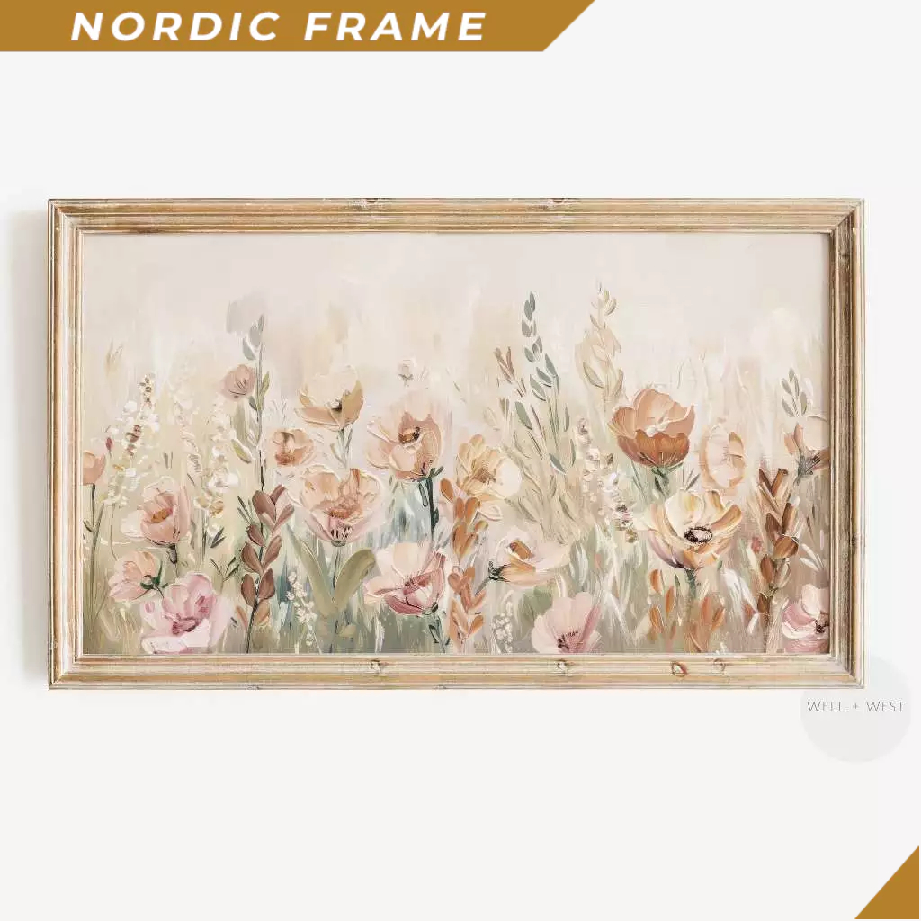Tranh treo tường, Wildflower TV Art  Pastel Peach and Pink Flower Painting  Easter Frame TV Art  Spr