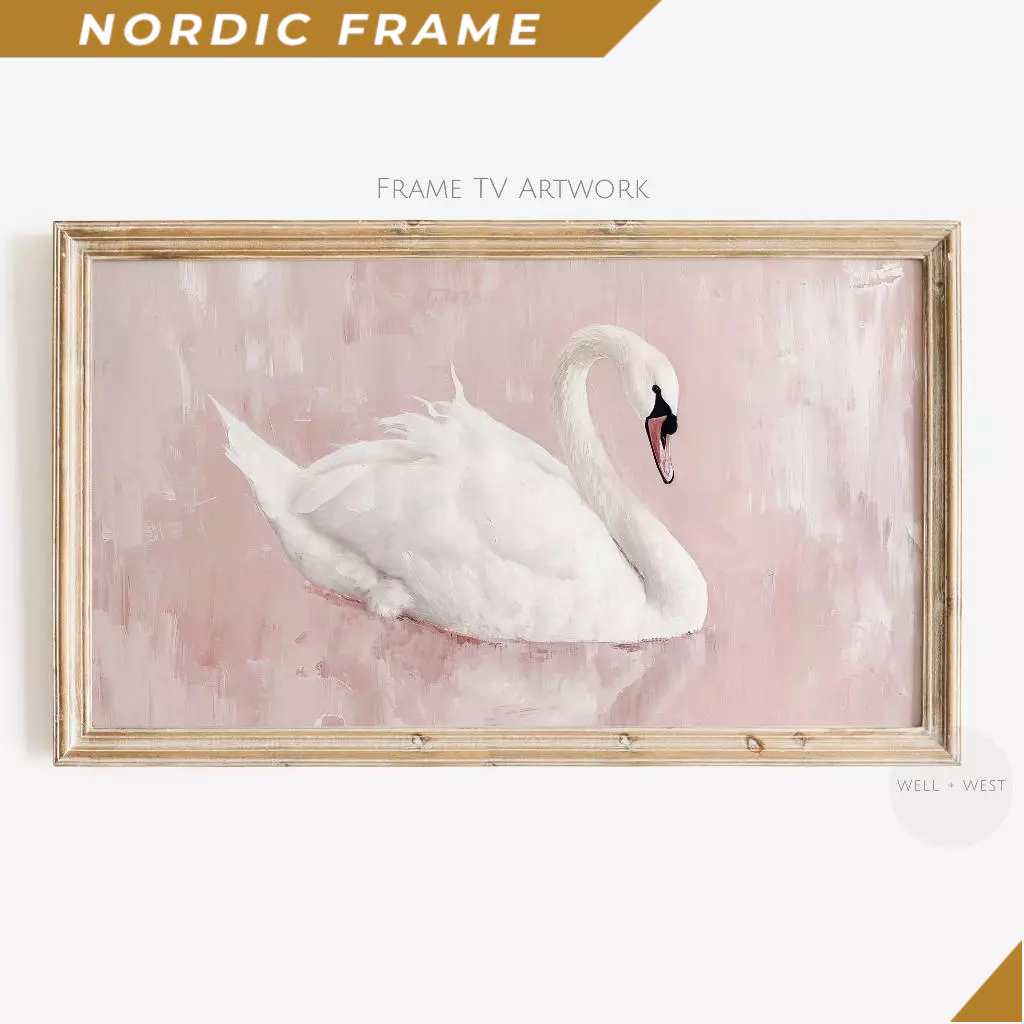 Tranh treo tường, White Swan Frame TV Art  Pastel Pink Swan Painting  Vintage Style Spring TV Art  E